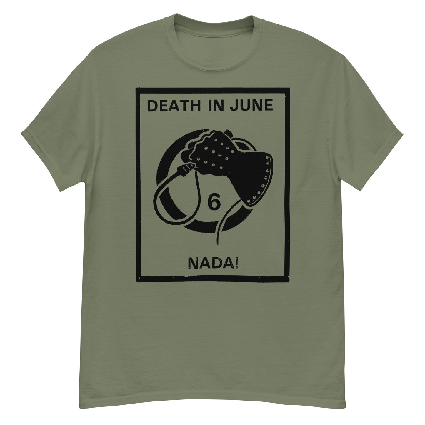 Death in June Nada t-shirt olive green short sleeve tee with black boxed graphic and number 6 emblem