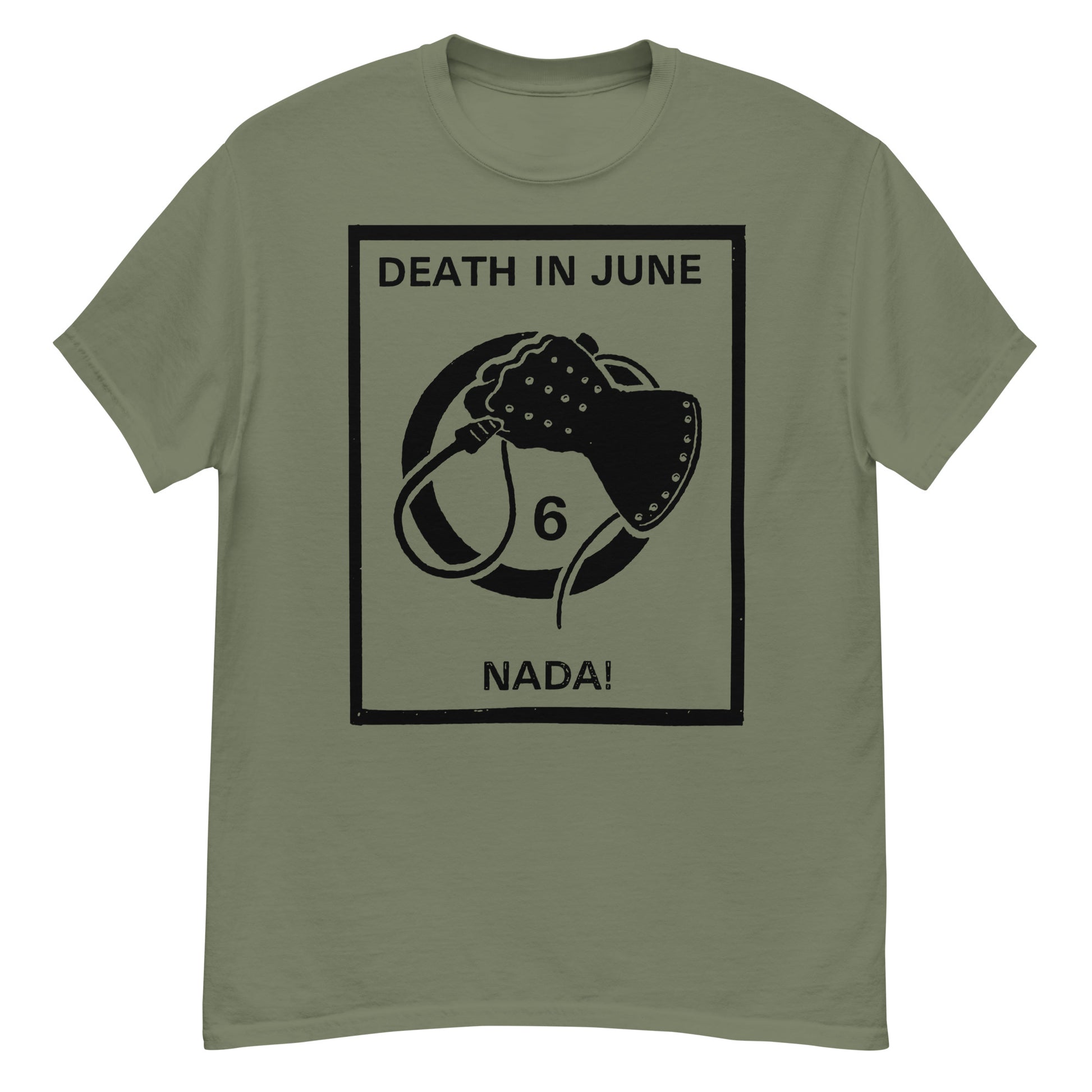 Death in June Nada t-shirt olive green short sleeve tee with black boxed graphic and number 6 emblem