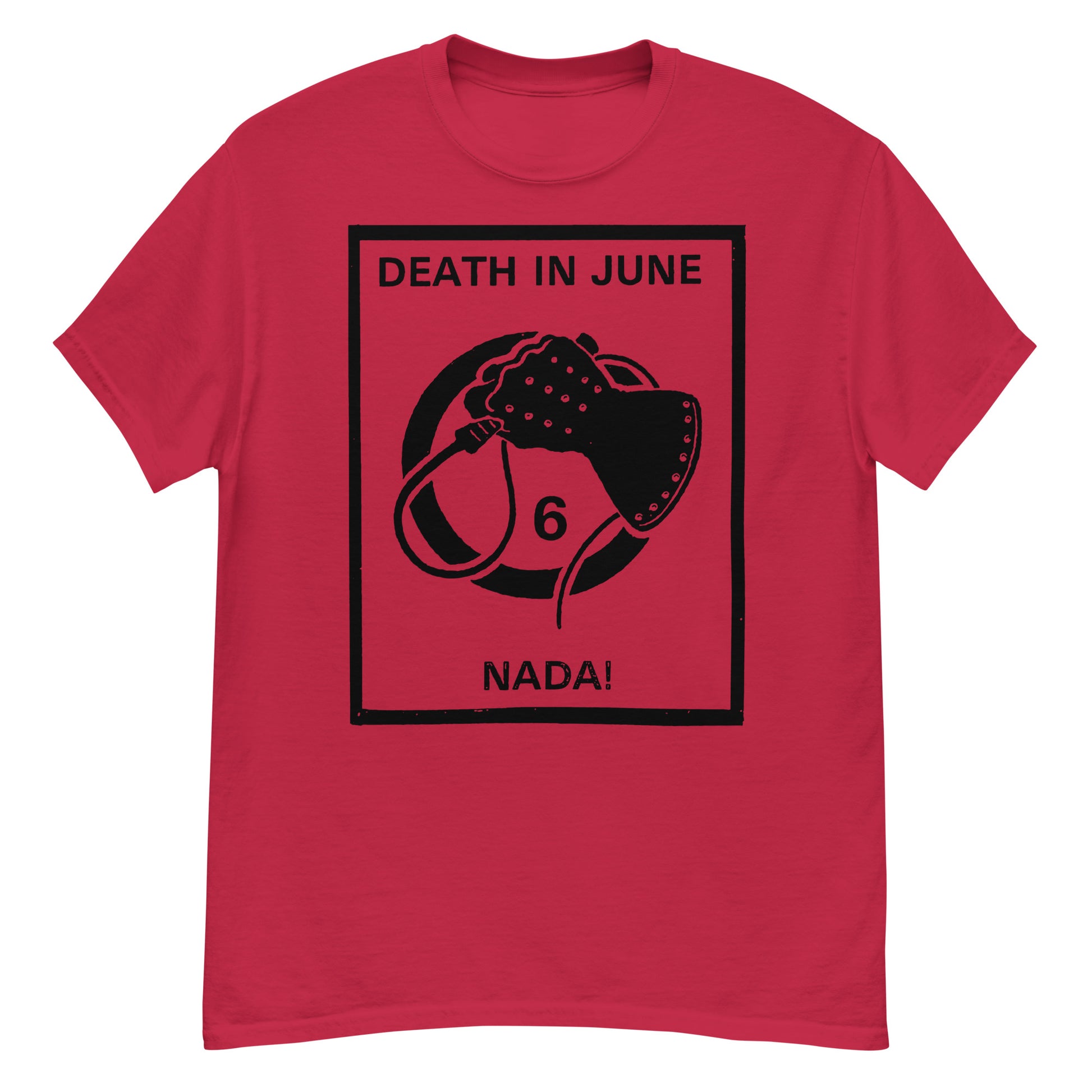 Red crewneck t-shirt with black framed graphic and text Death in June Nada t-shirt showing glove mask and number 6