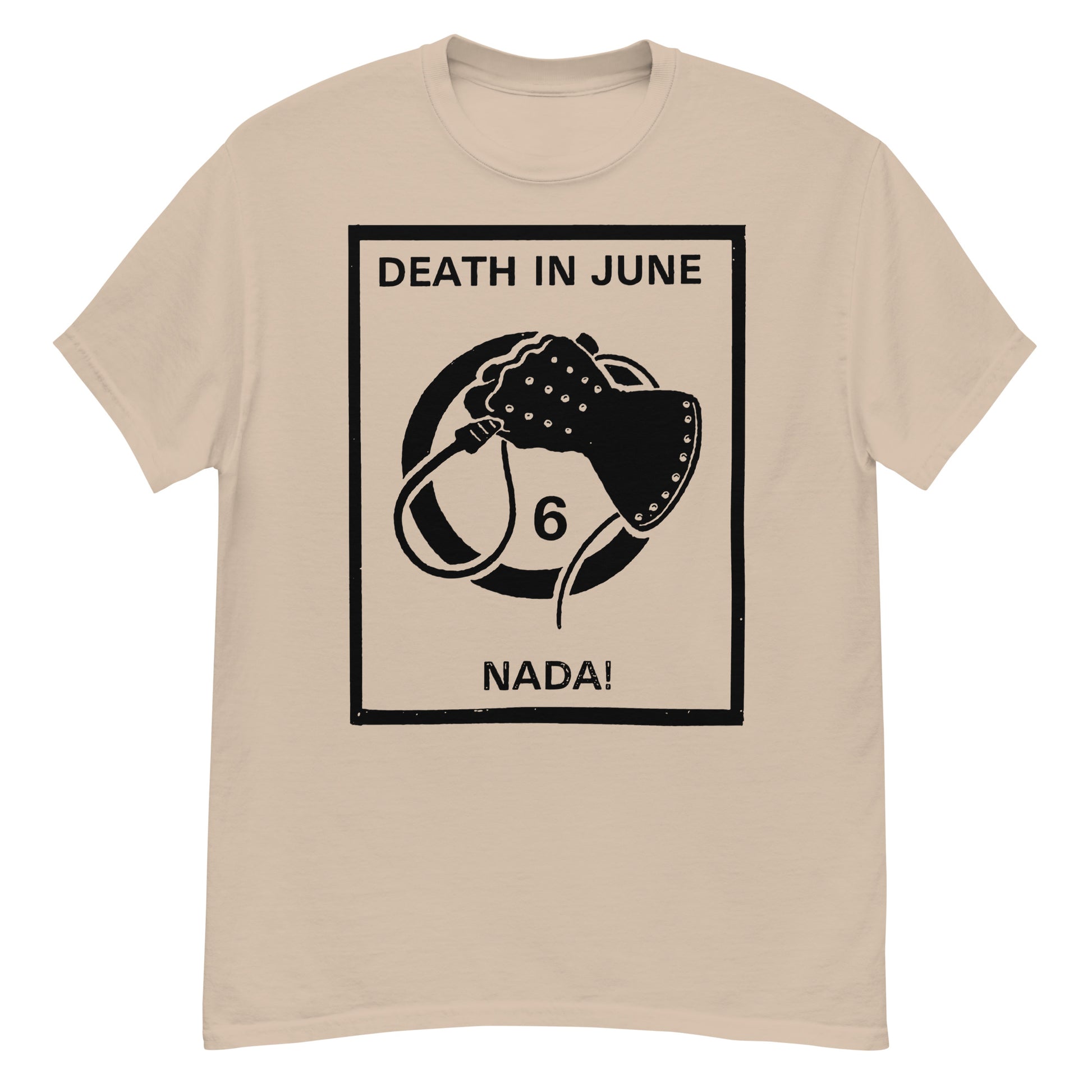 Death in June Nada t-shirt beige band tee with black framed graphic of studded mask number 6 and NADA slogan
