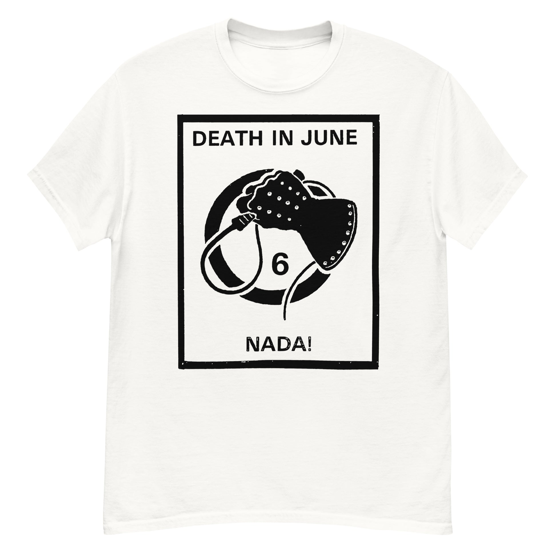 Death in June Nada t-shirt white crew neck with black framed logo showing glove and number 6