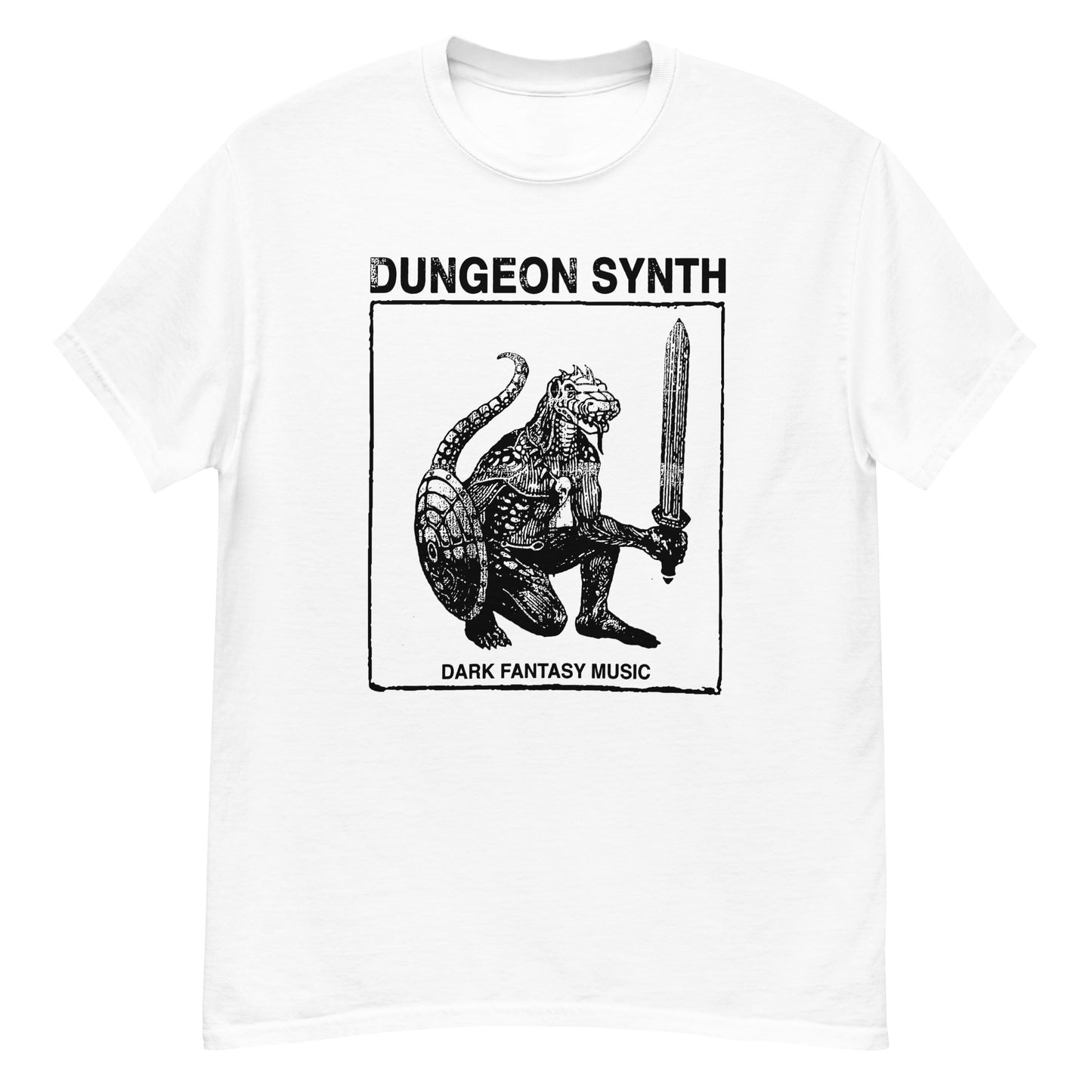 Dungeon Synth T-Shirt white tee featuring black vintage monster holding sword and shield with Dark Fantasy Music text