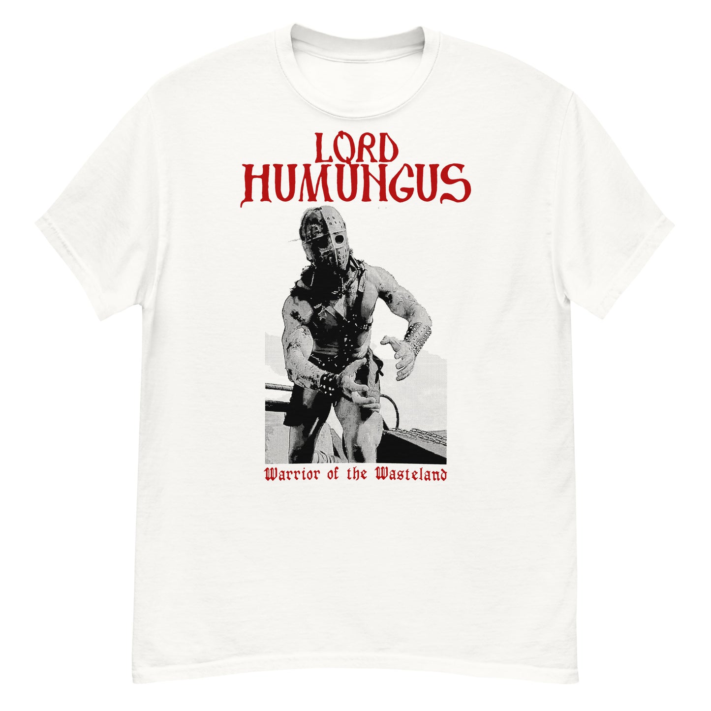 Lord Humungus T-Shirt white crew neck tee with red logo and black and white masked warrior Warrior of the Wasteland print