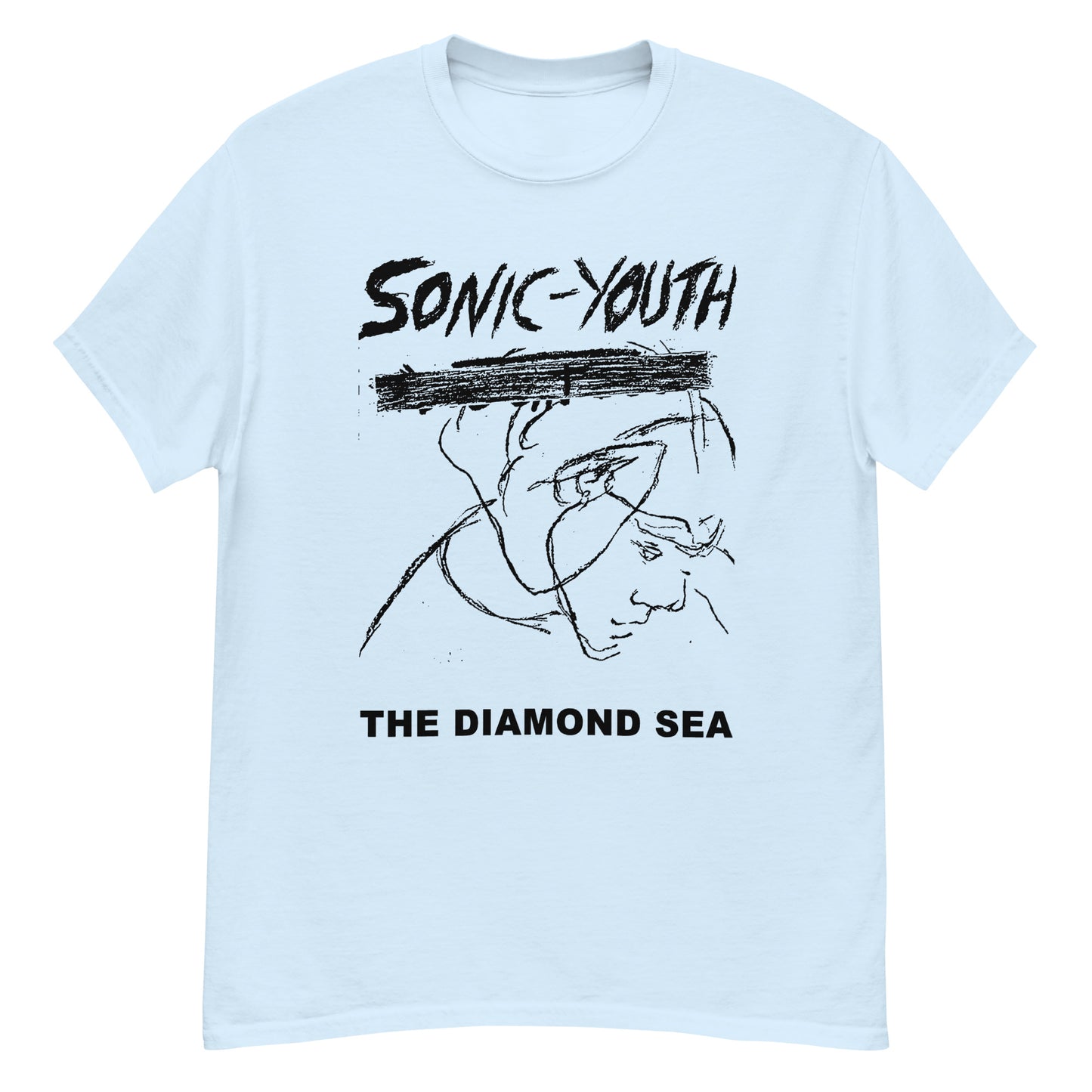 Sonic Youth T-Shirt light blue band tee with black hand drawn portrait and THE DIAMOND SEA text