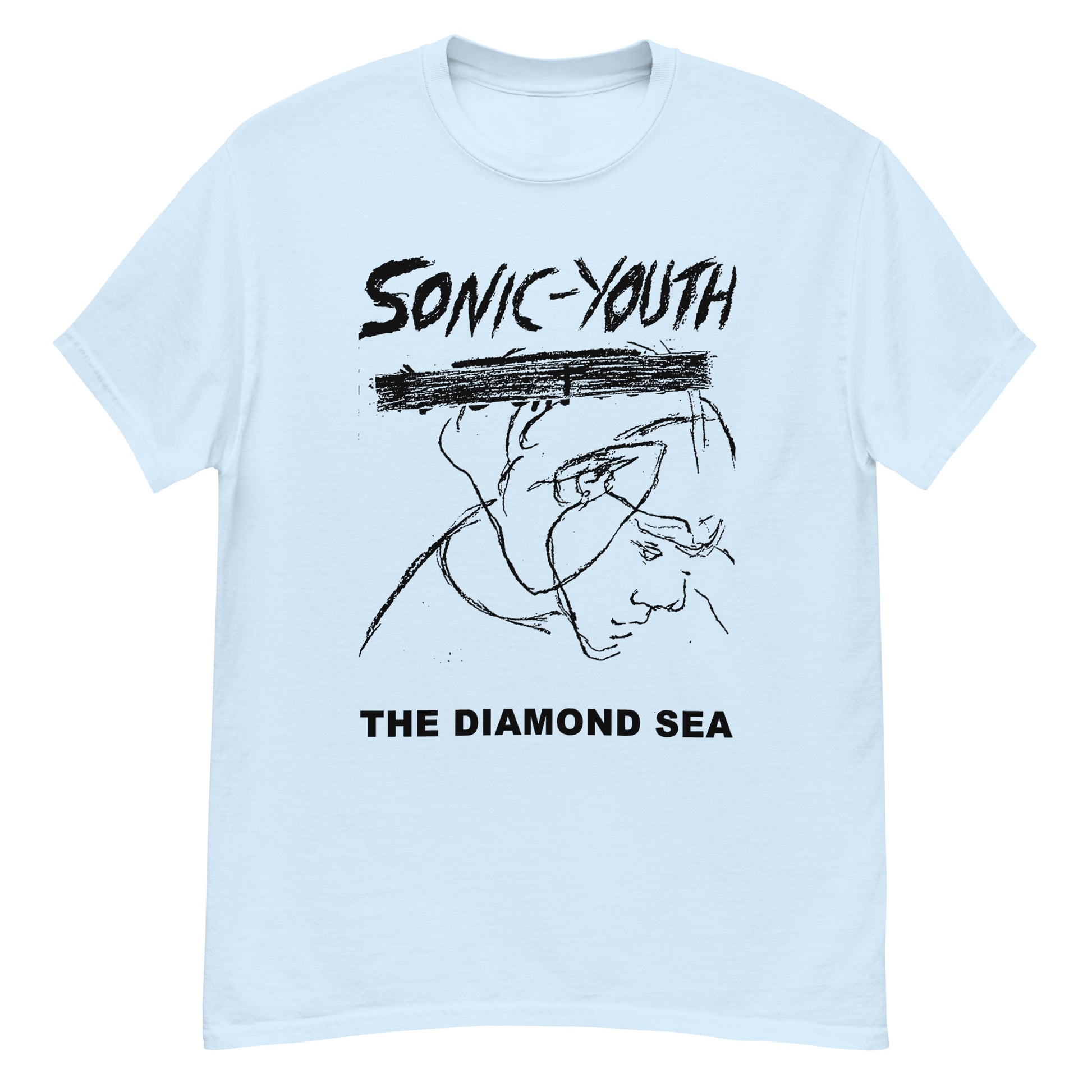Sonic Youth T-Shirt light blue band tee with black hand drawn portrait and THE DIAMOND SEA text