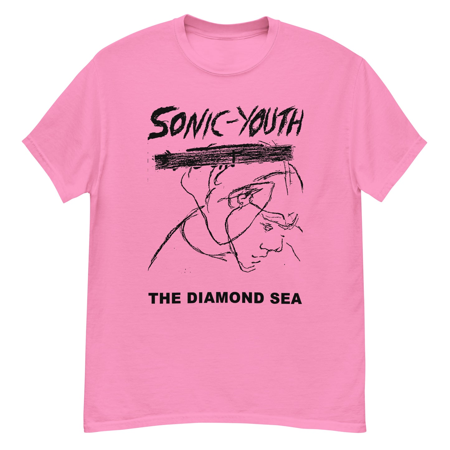 Sonic Youth T-Shirt pink short sleeve crewneck with black sketch portrait and The Diamond Sea text front