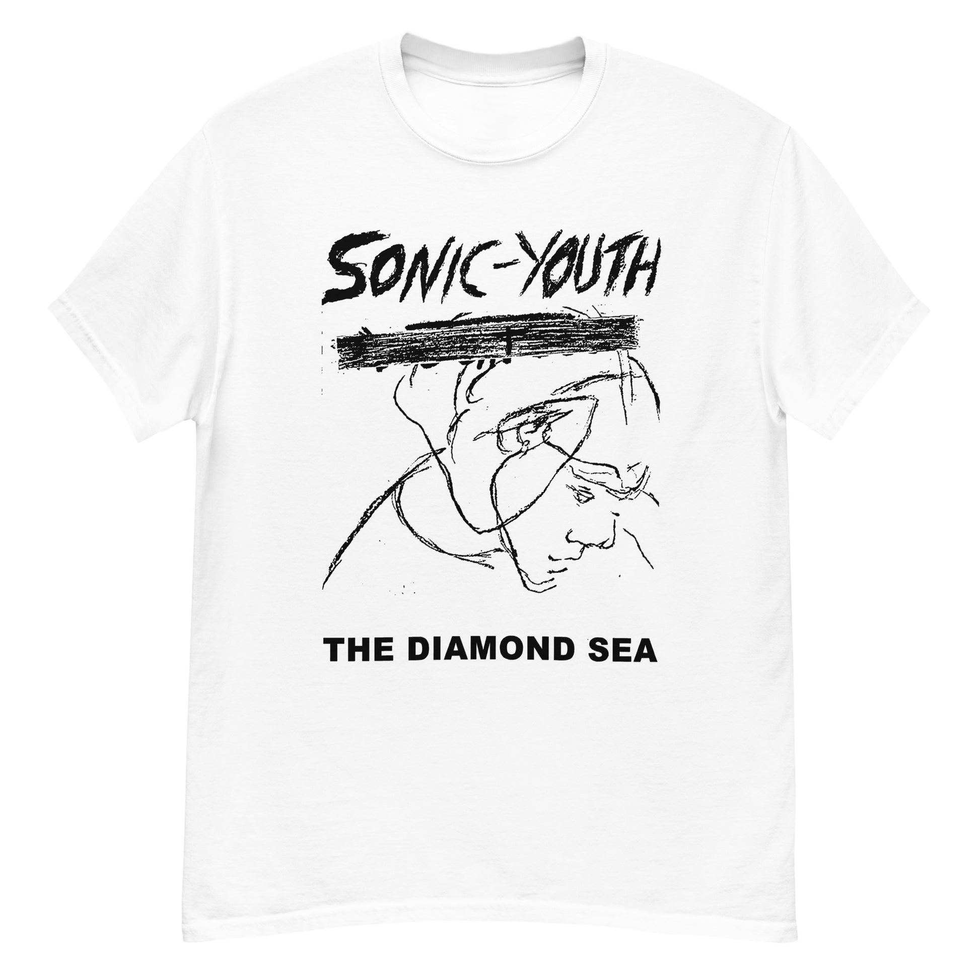 Sonic Youth T-Shirt white band tee by Basement Merch with black sketch portrait and THE DIAMOND SEA print