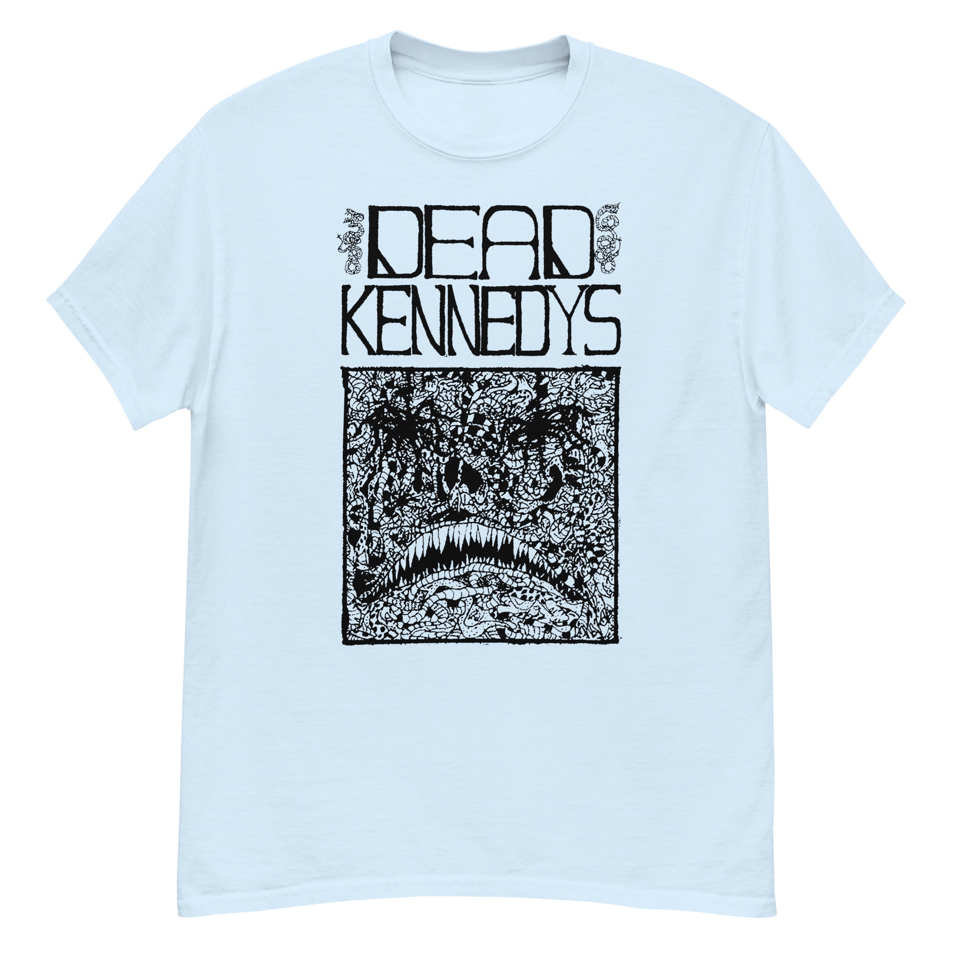 Light blue Dead Kennedys band t-shirt with black distressed logo and detailed monstrous square artwork on front
