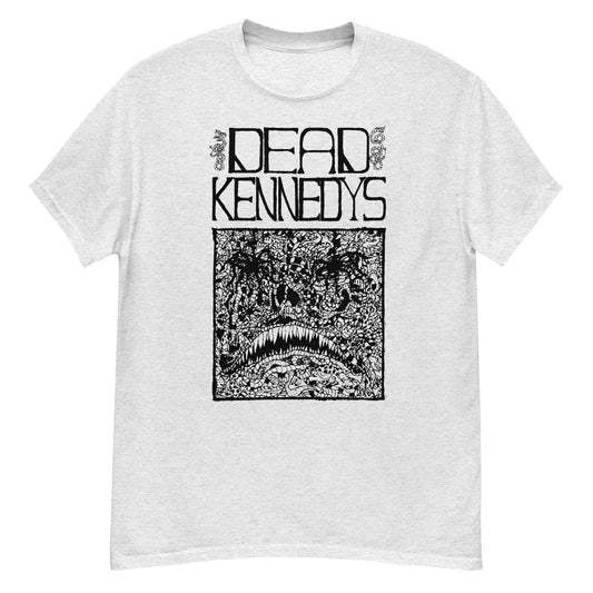 Dead Kennedys band t-shirt gray heather shirt with black block graphic and intricate monster mouth illustration