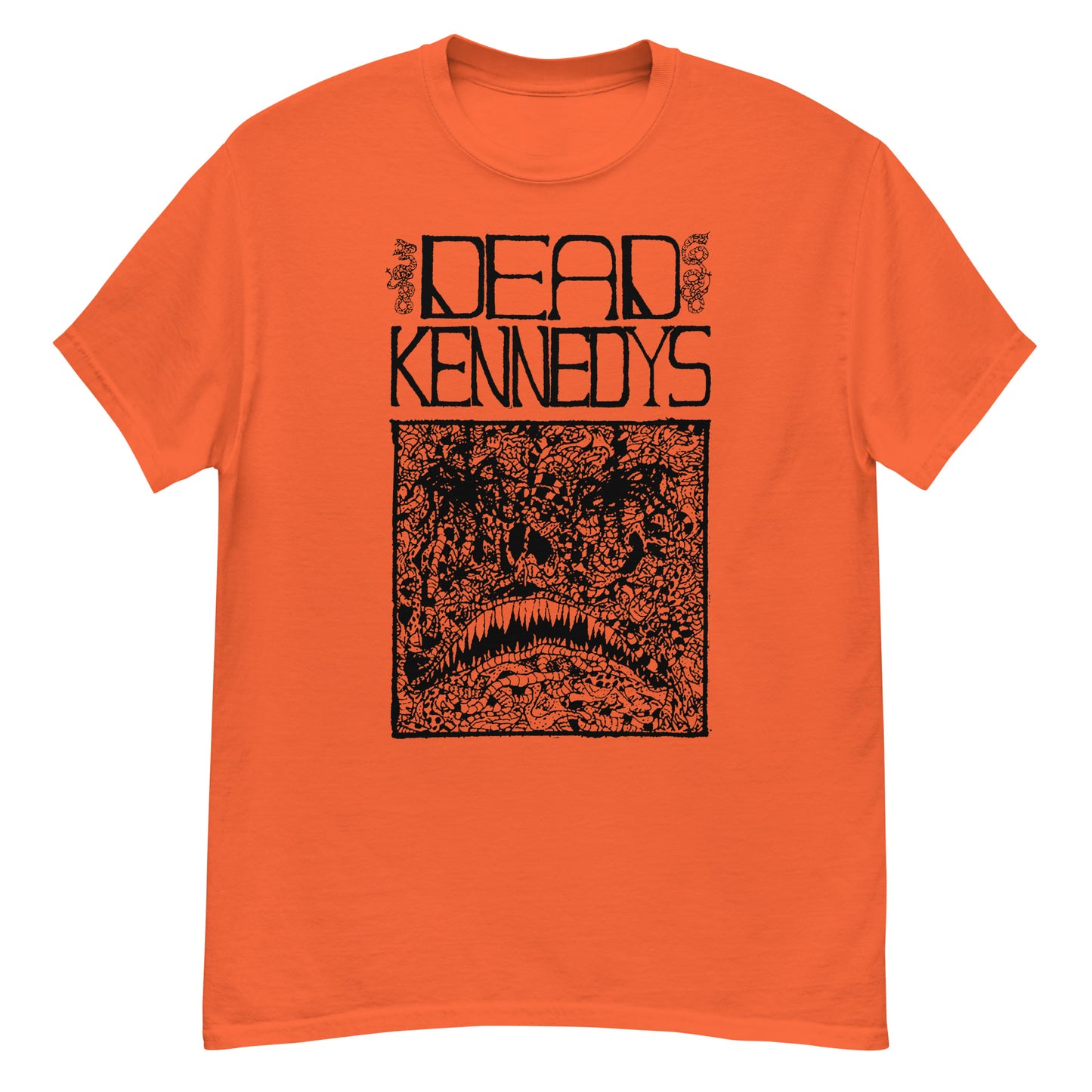 Orange short sleeve Dead Kennedys band t-shirt with black distressed logo and intricate monster artwork